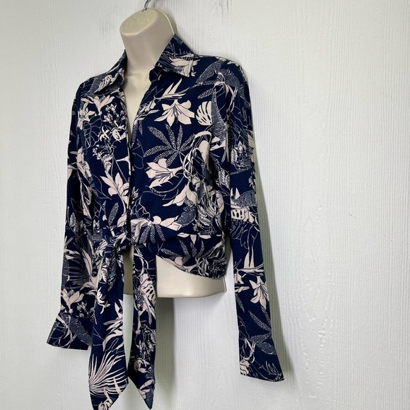 Panama Jack - Blue Linen Blend Tropical Palm Leaf Pattern Tie Blouse Size XS - Picture 4 of 9